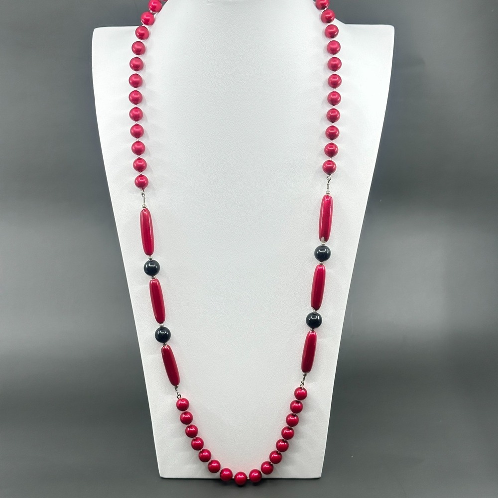 Red Black Beaded Long Necklace Vintage Statement Chunky Retro Glam Layering Gift